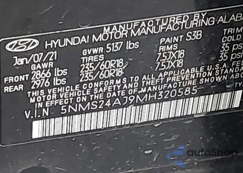 2021 Hyundai Santa Fe Sel from USA, damaged, VIN 5NMS24AJ9MH320585